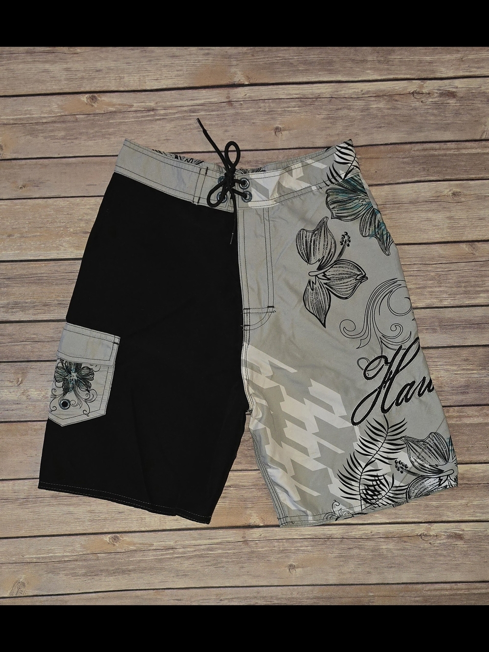 Boy's Two-Tone Hawaii Floral Swim Trunks